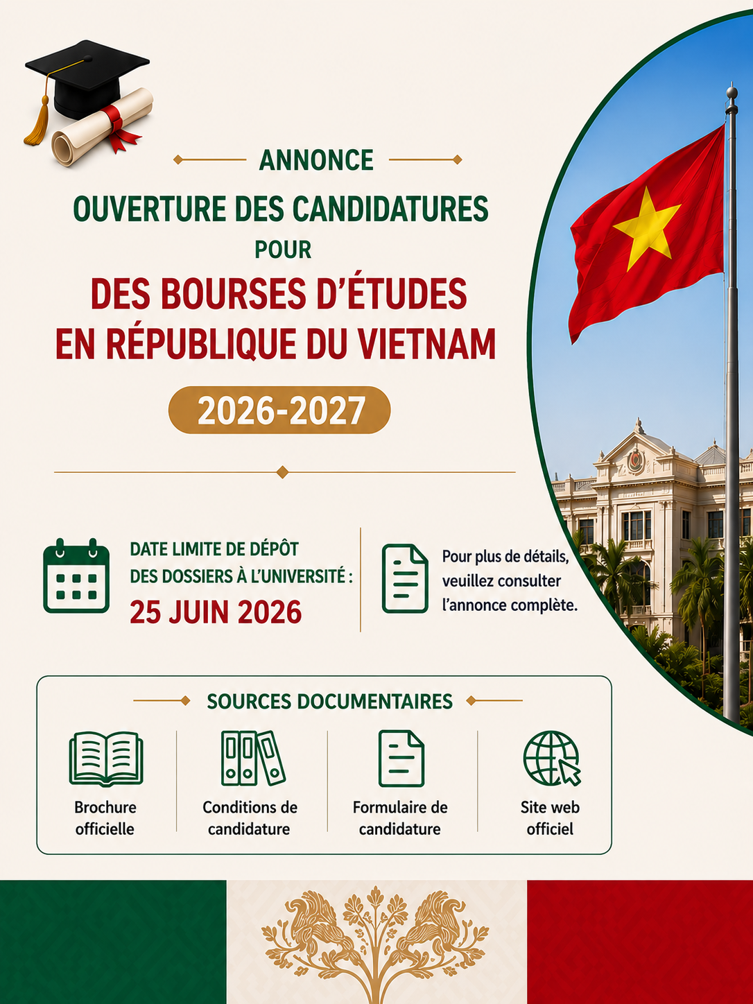 Ouverture des candidatures aux bourses d’études en République du Vietnam 2026-2027 